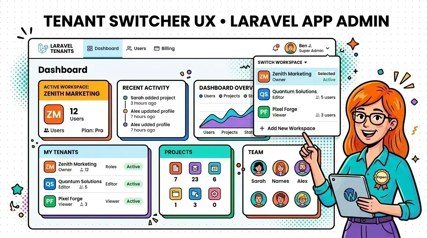 Tenant switcher UI mockup in a Vue dashboard