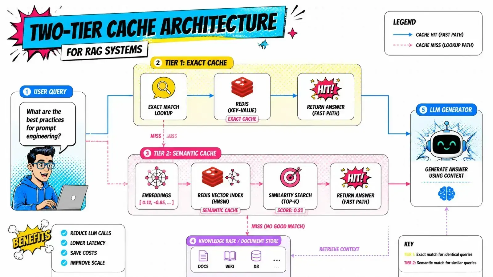 Two-tier cache architecture — exact match, semantic match, LLM fallback