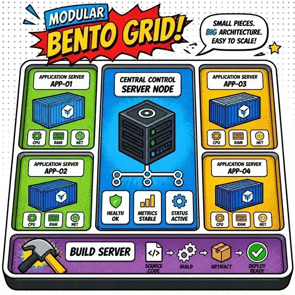 Multi-server architecture bento grid showing control plane and app nodes