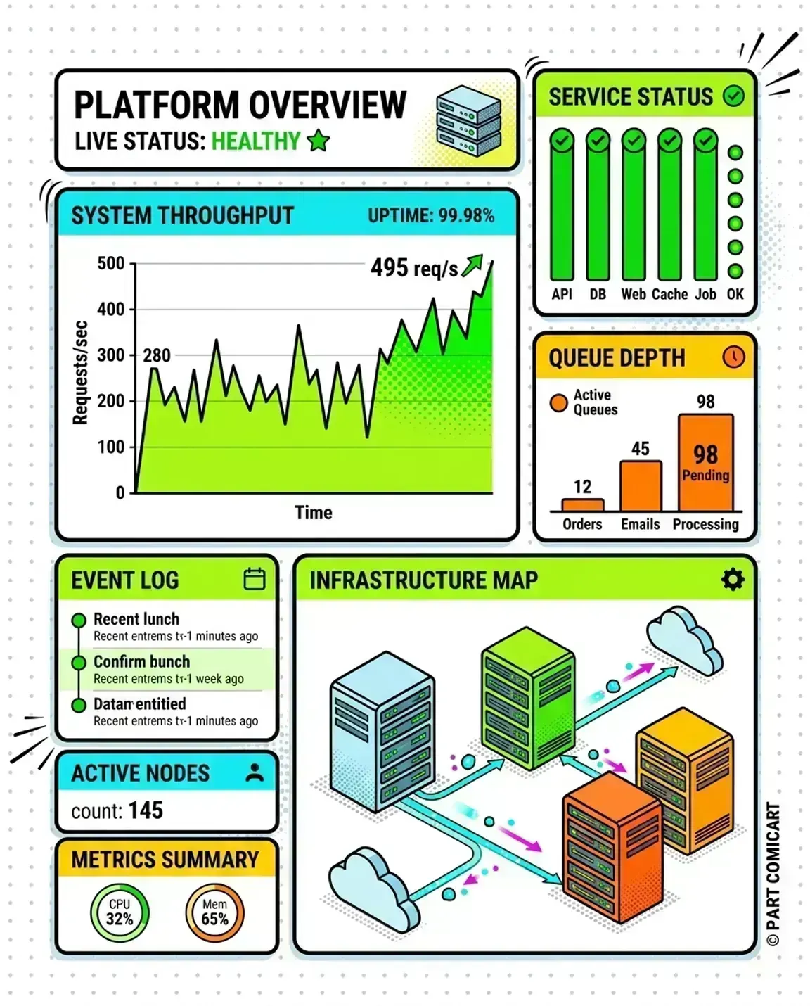 Monitoring dashboard mockup of RabbitMQ queue depth and throughput