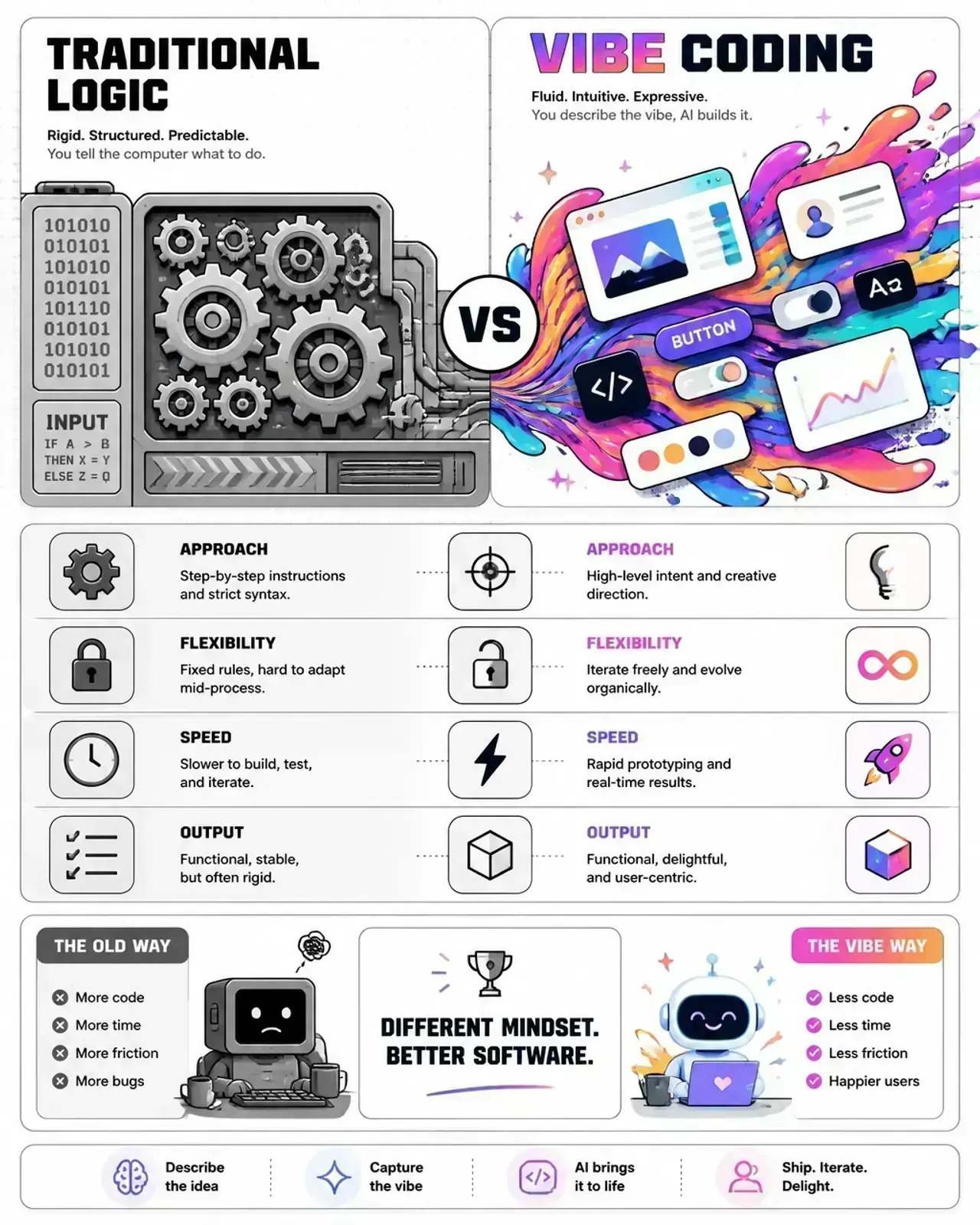 Side-by-side illustration of cold logic vs warm vibe coding