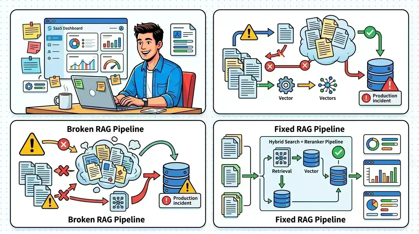 Pop-art illustration of a RAG pipeline breaking under production load